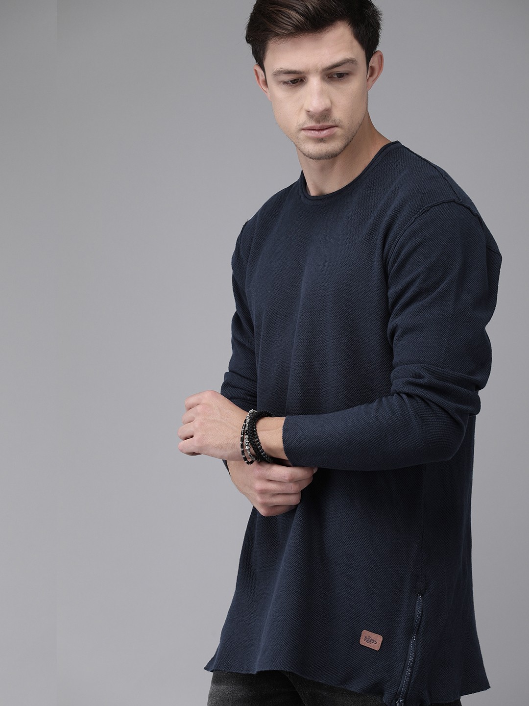 

The Roadster Lifestyle Co Men Navy Blue Self Design Pullover Sweater
