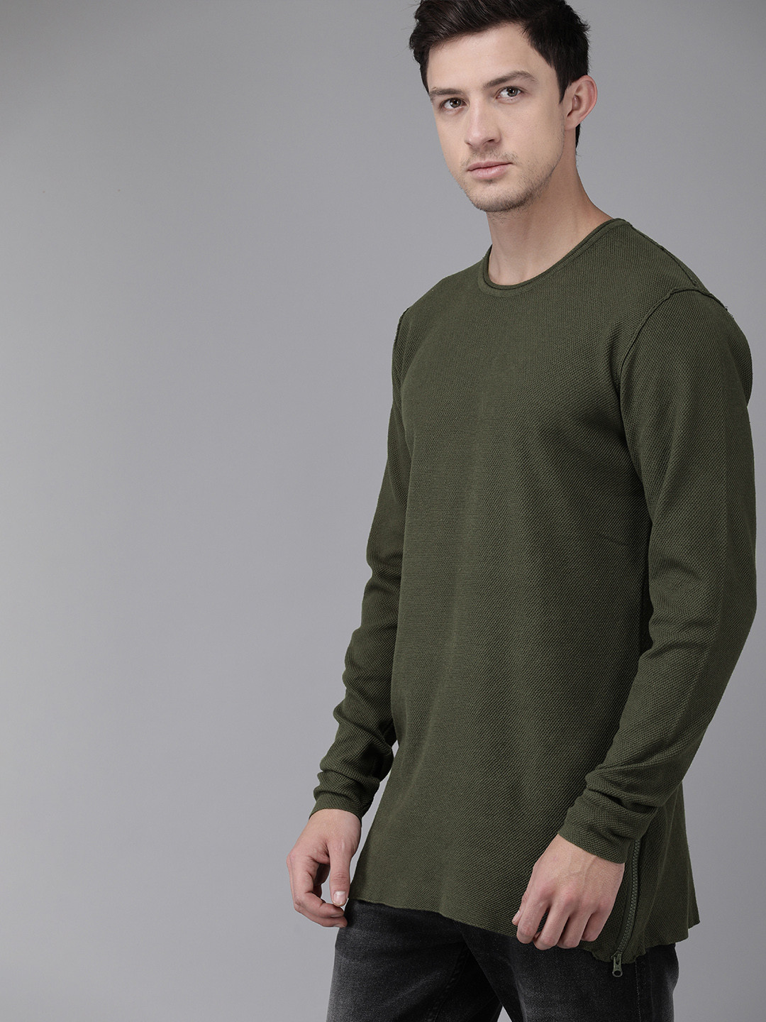 

The Roadster Lifestyle Co Men Olive Green Self Design Pullover Sweater