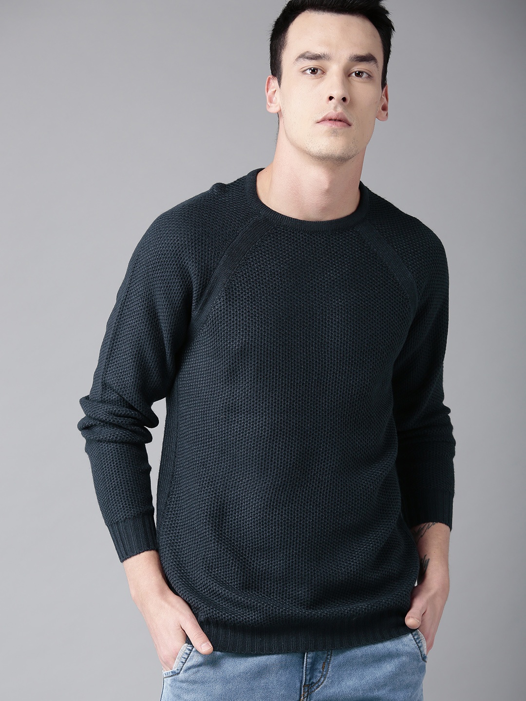 

The Roadster Lifestyle Co Men Navy Blue Self Design Sweater