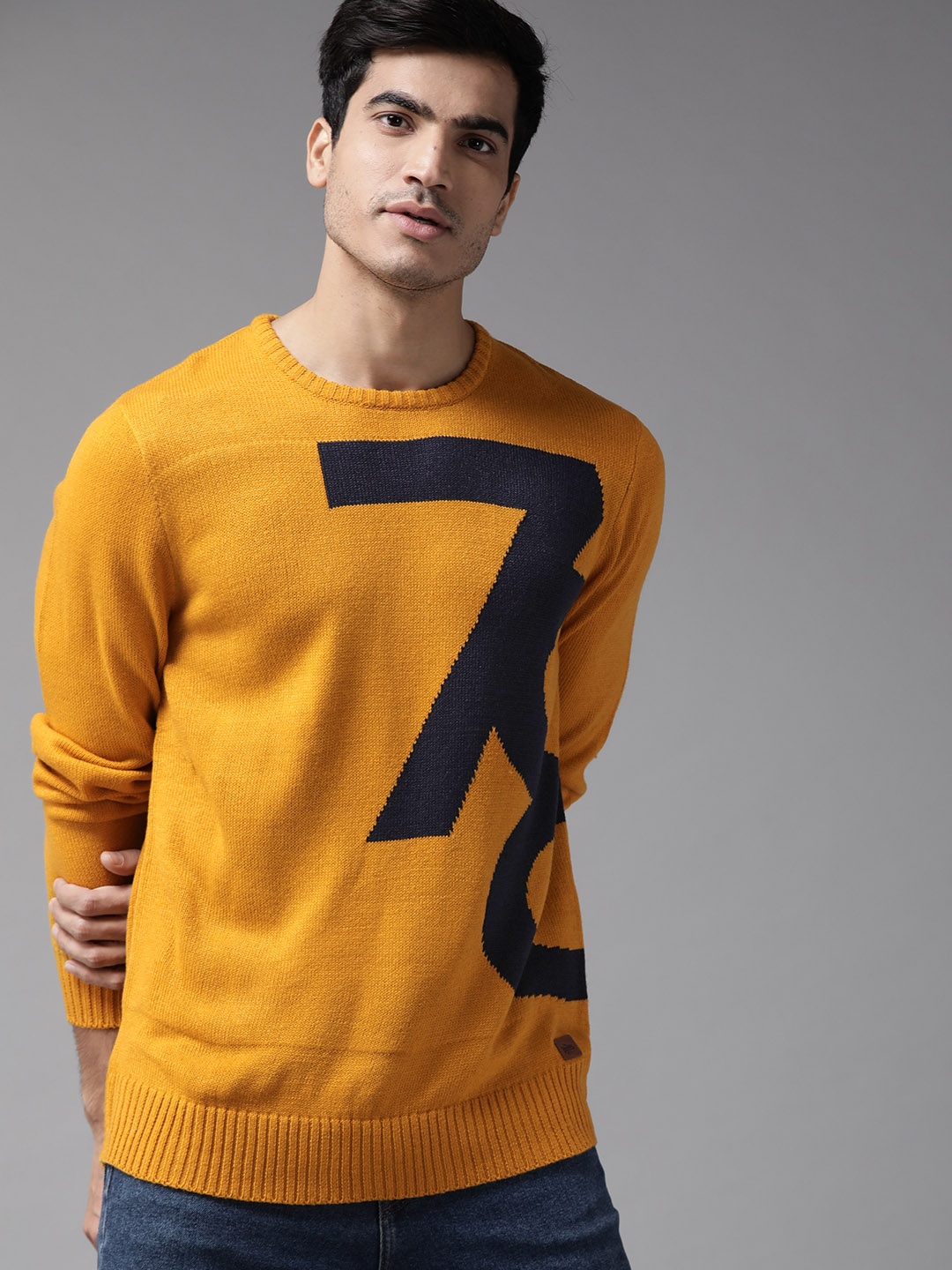 

The Roadster Lifestyle Co Men Mustard Yellow & Navy Self Design Pullover