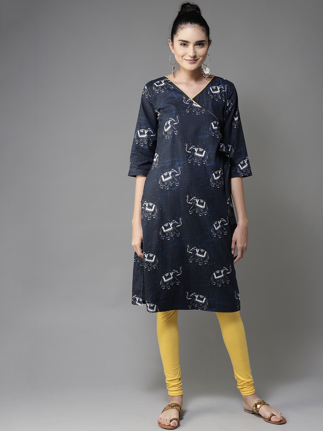 

Moda Rapido Women Navy Blue & White Printed Layered Angrakha Kurta