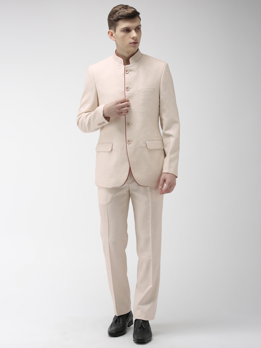 

Raymond Men Beige Self Design Contemporary Fit Single Breasted Bandhgala Blazer