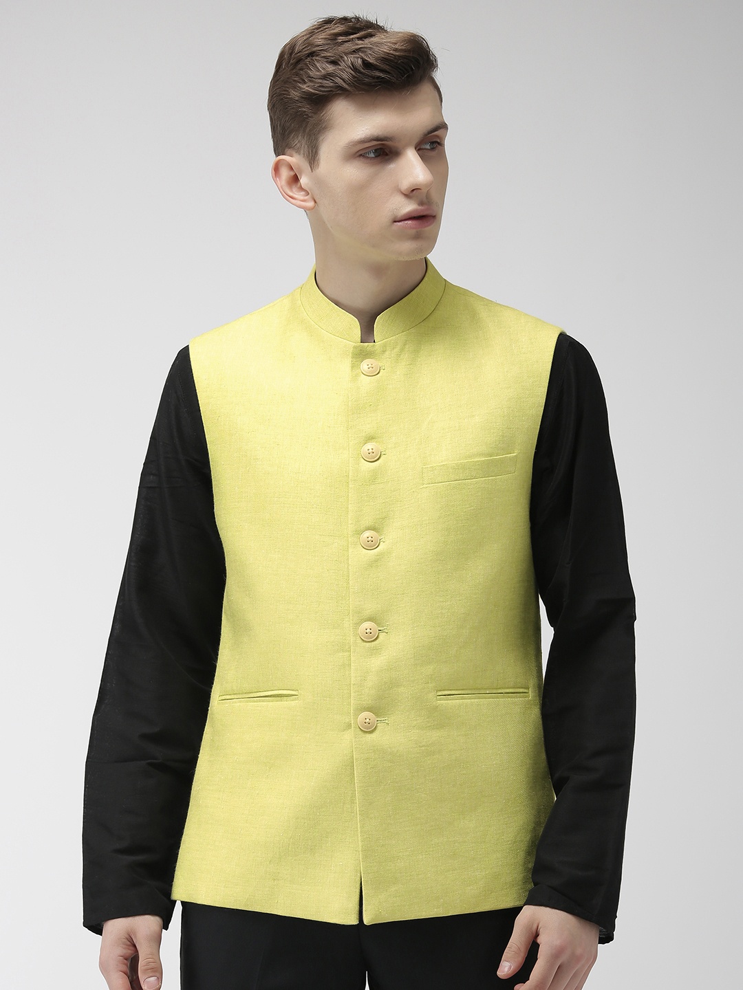 

Raymond Men Lime Green Solid Linen Nehru Jacket