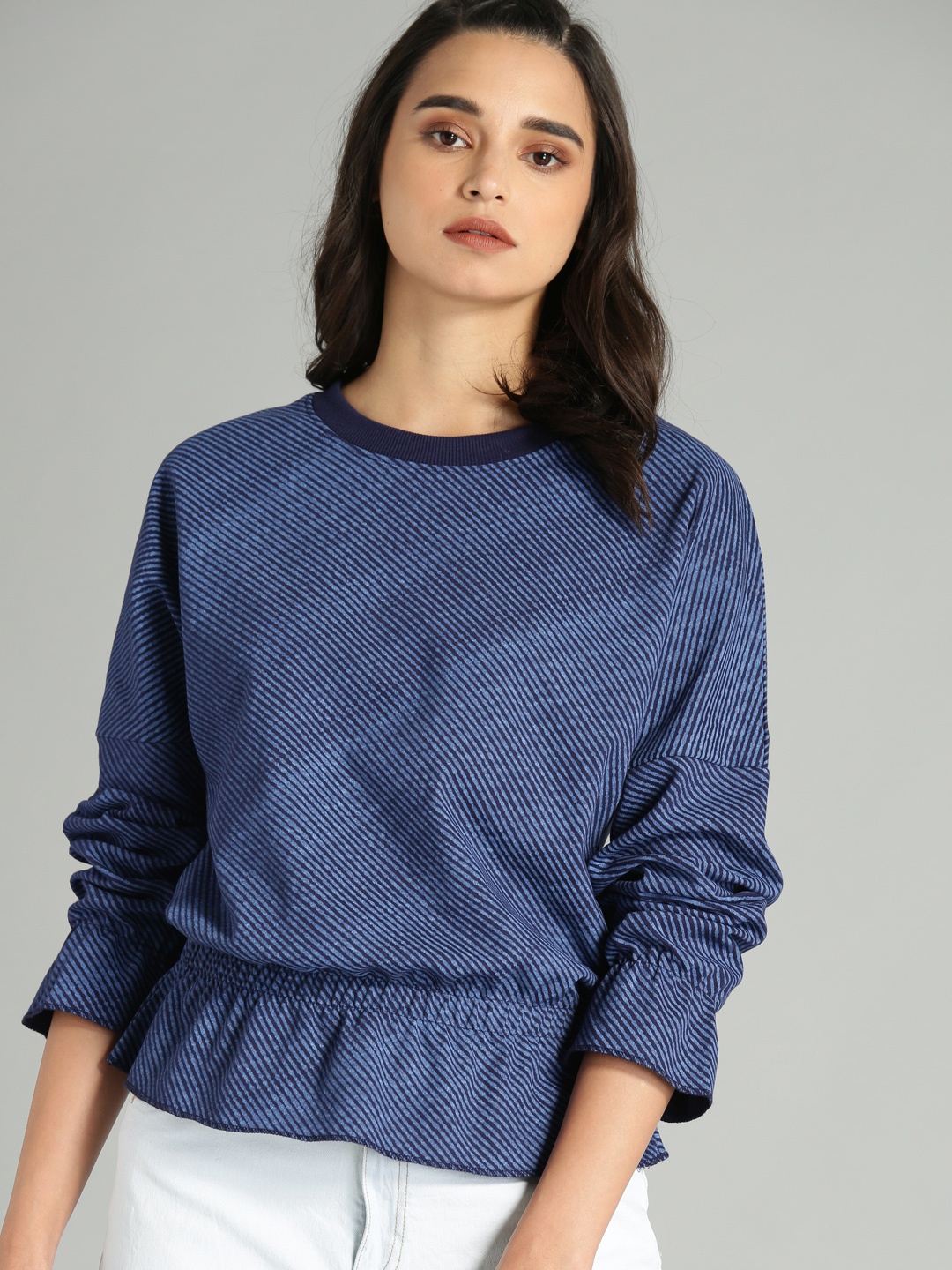 

The Roadster Lifestyle Co Women Navy Blue Striped Cinched Waist Top