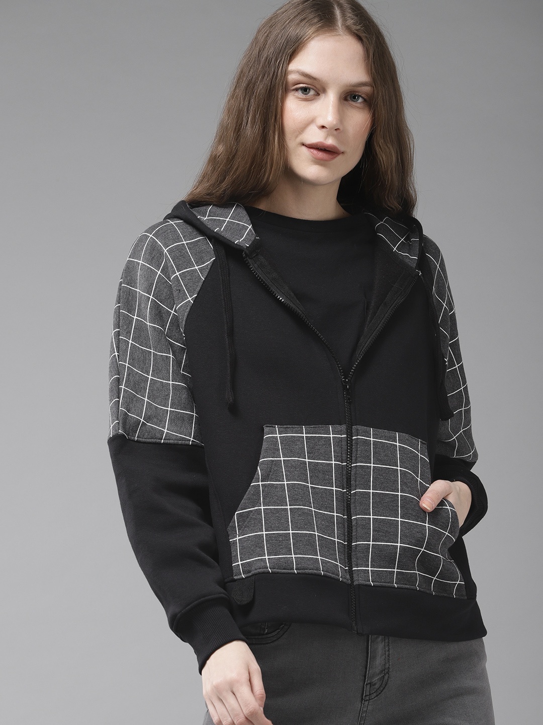 

The Roadster Lifestyle Co Women Black & Grey Colourblocked Hooded Sweatshirt