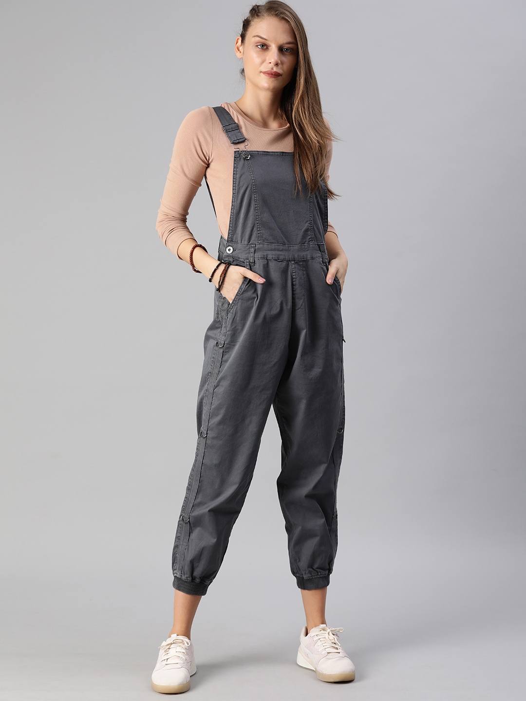 

Roadster Women Charcoal Grey Solid Jogger Dungarees