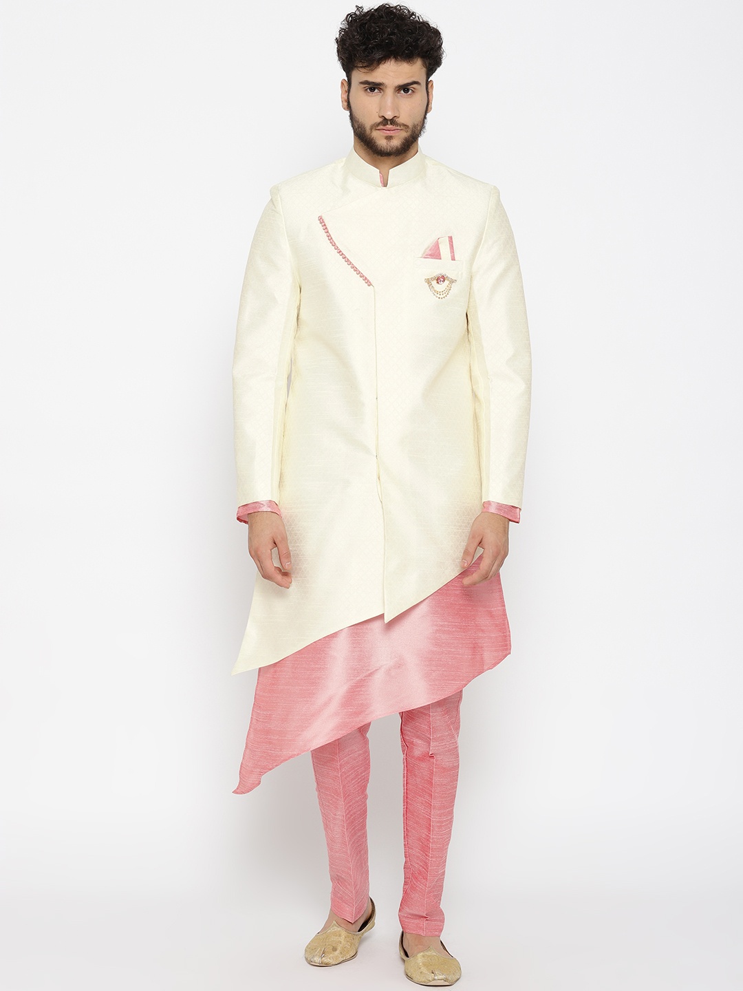 

SG RAJASAHAB Men Pink & Cream-Coloured Solid Kurta with Trousers & Ethnic Jacket