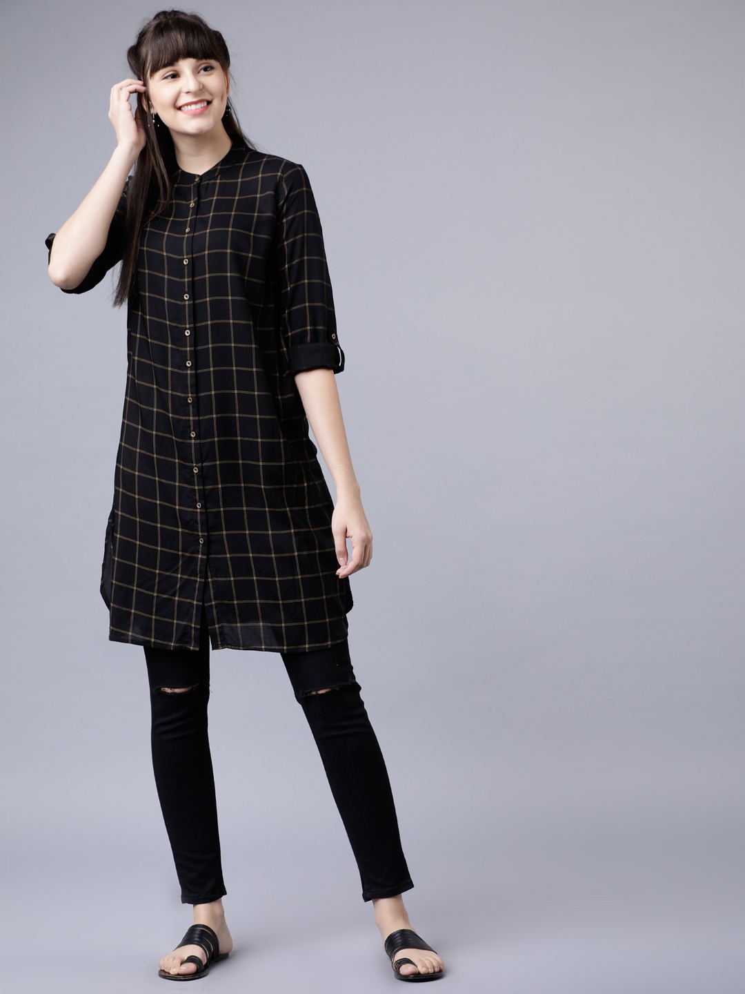 

Vishudh Women Black Printed Shirt Tunic, Charcoal