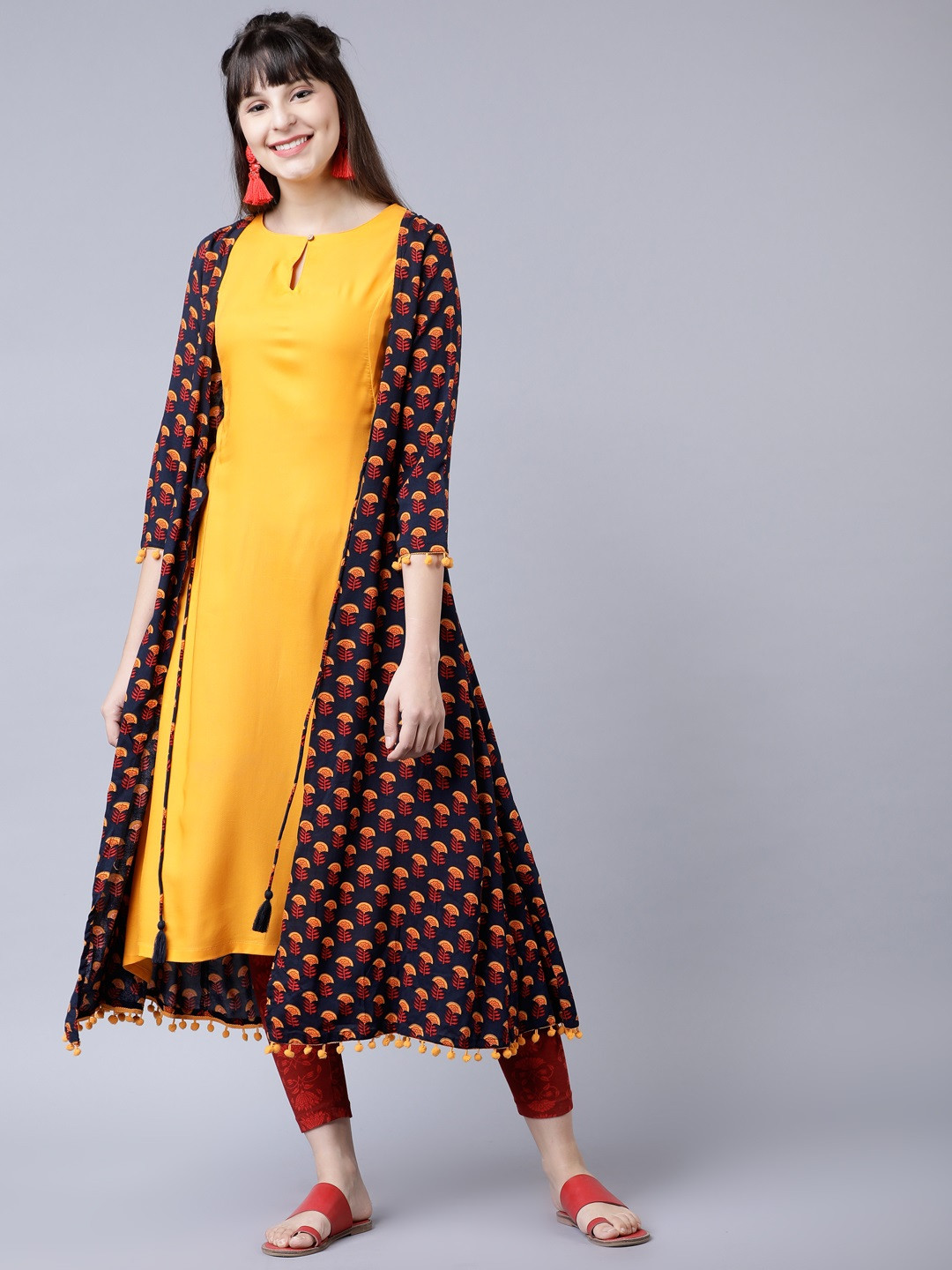 

Vishudh Women Mustard Yellow & Blue Printed A-Line Kurta