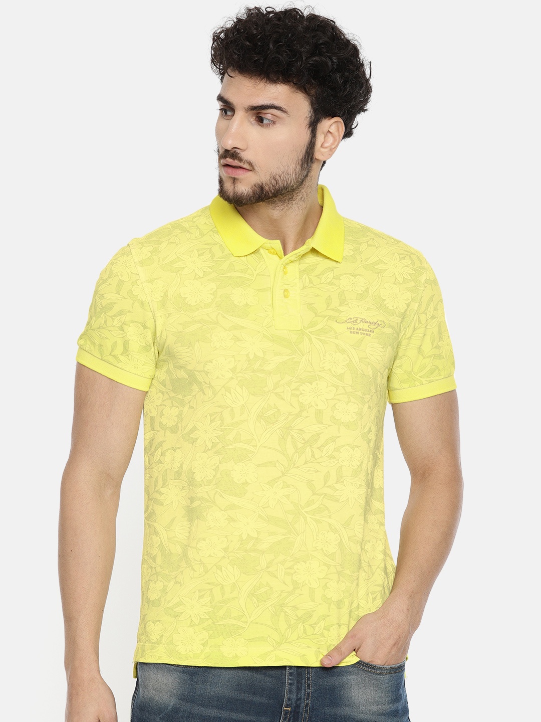 

Ed Hardy Men Yellow Printed Polo Collar Pure Cotton T-shirt