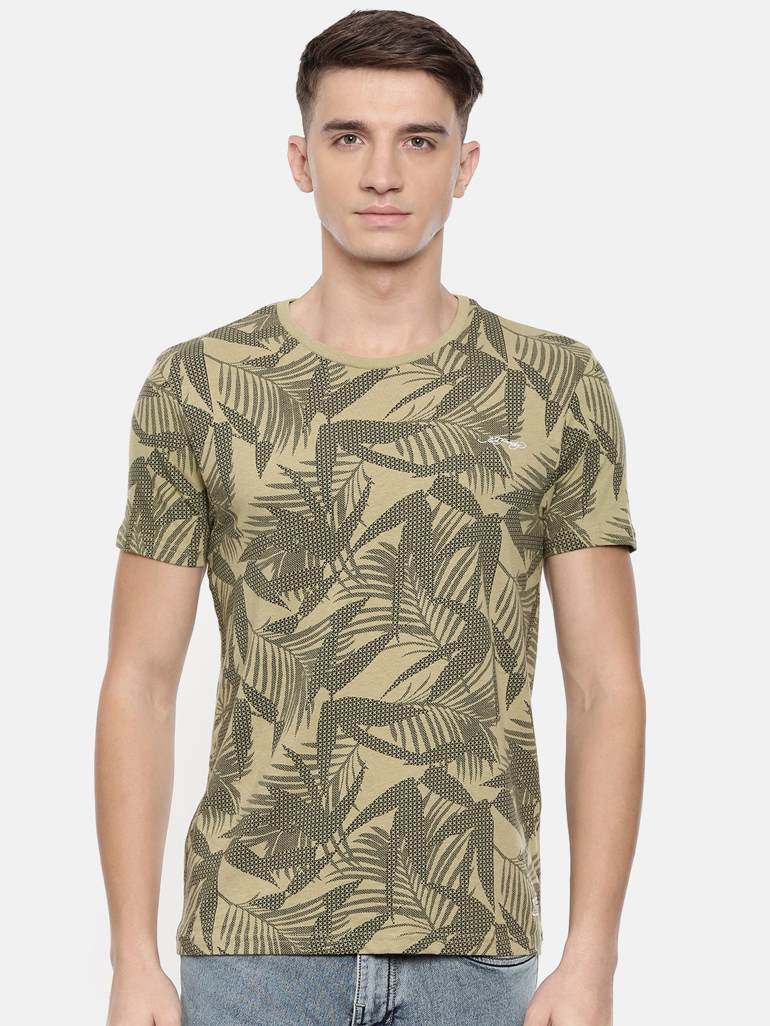 

Ed Hardy Men Olive Green Printed Round Neck Pure Cotton T-shirt