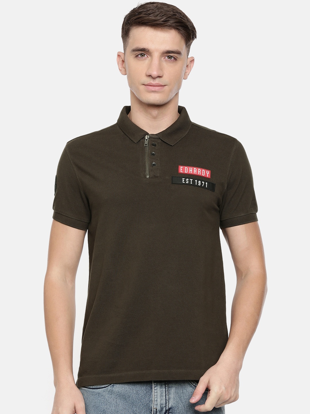 

Ed Hardy Men Olive Green Solid Polo Collar Pure Cotton T-shirt