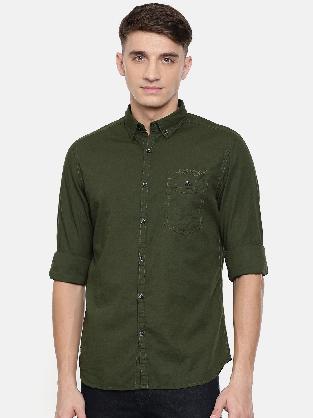 

Ed Hardy Men Olive Green Slim Fit Solid Casual Shirt
