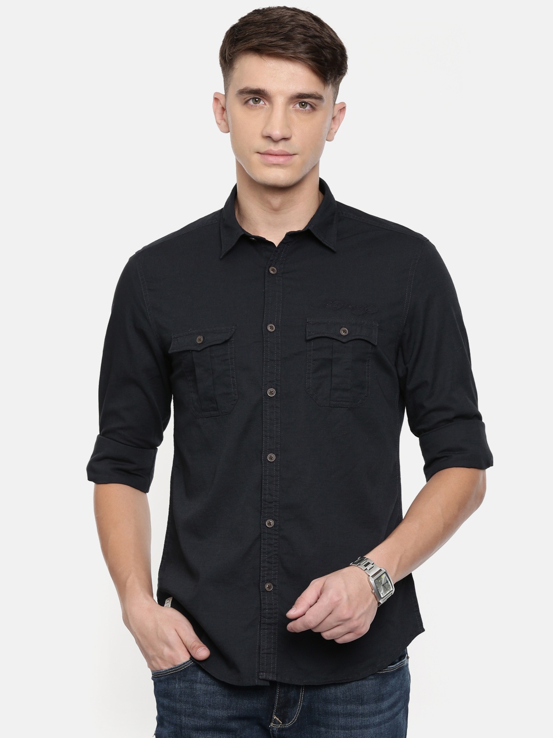 

Ed Hardy Men Black Slim Fit Solid Casual Shirt