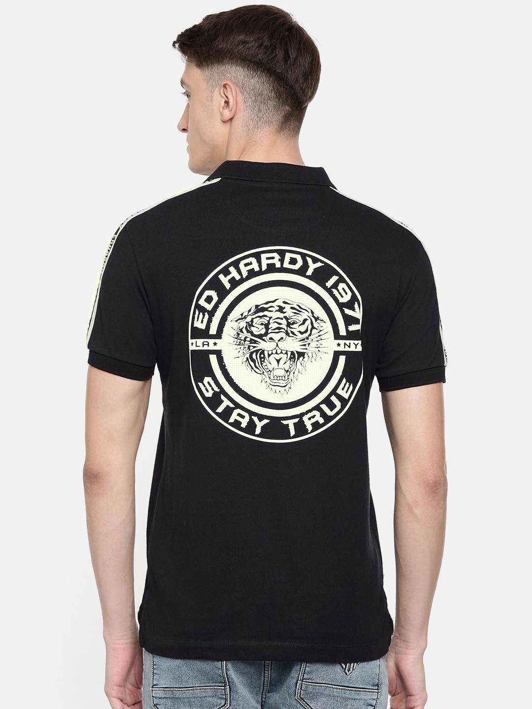 

Ed Hardy Men Black Off-White Printed Polo Collar Pure Cotton T-shirt
