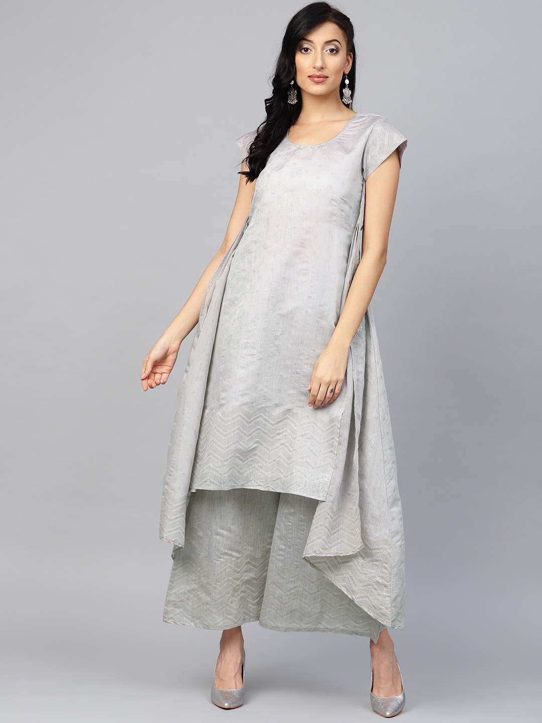 

Ahalyaa Women Grey Printed Layered Kurta with Palazzos