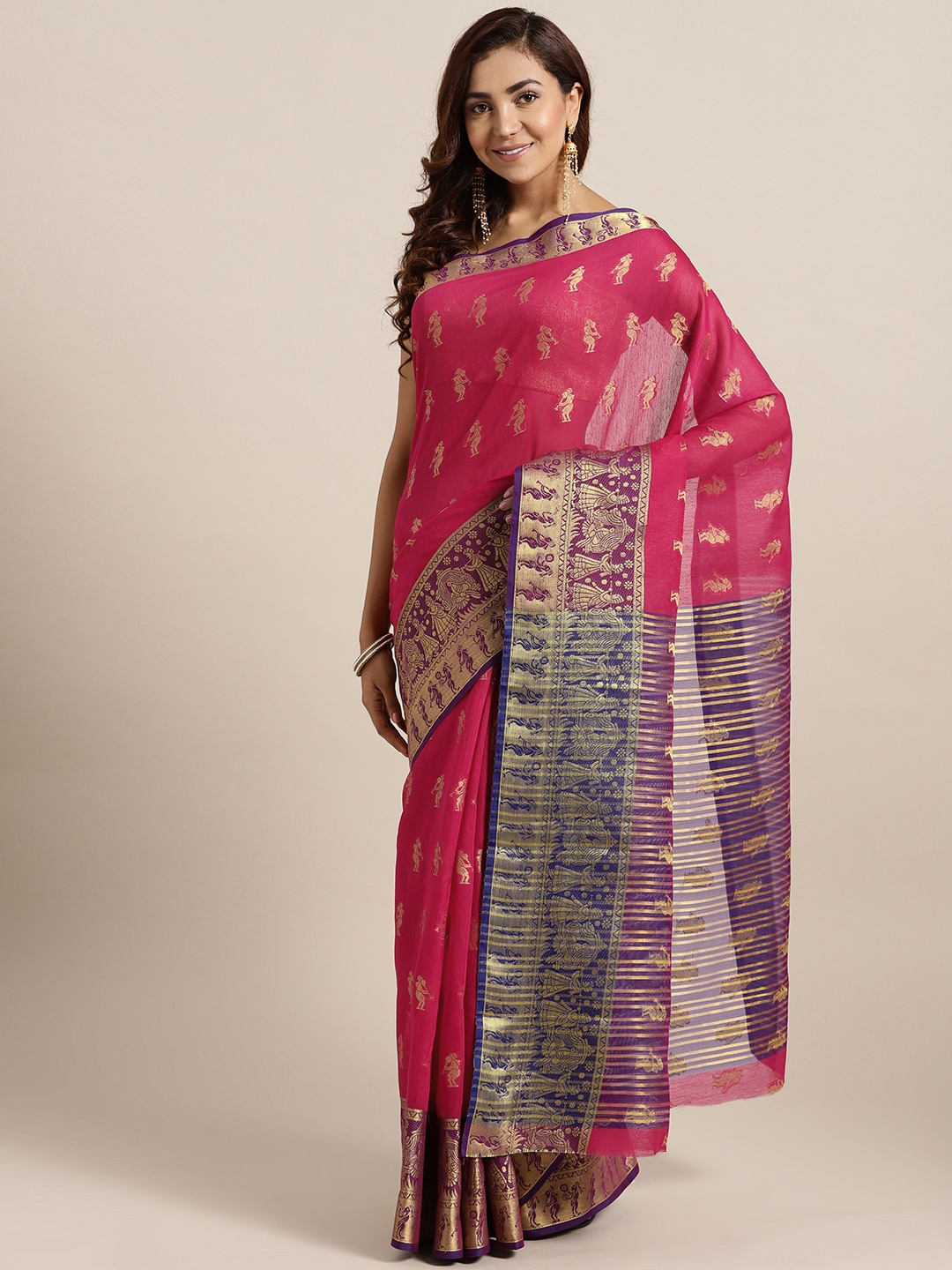 

Chhabra 555 Pink & Purple Handloom Woven Design Banarasi Kota Saree