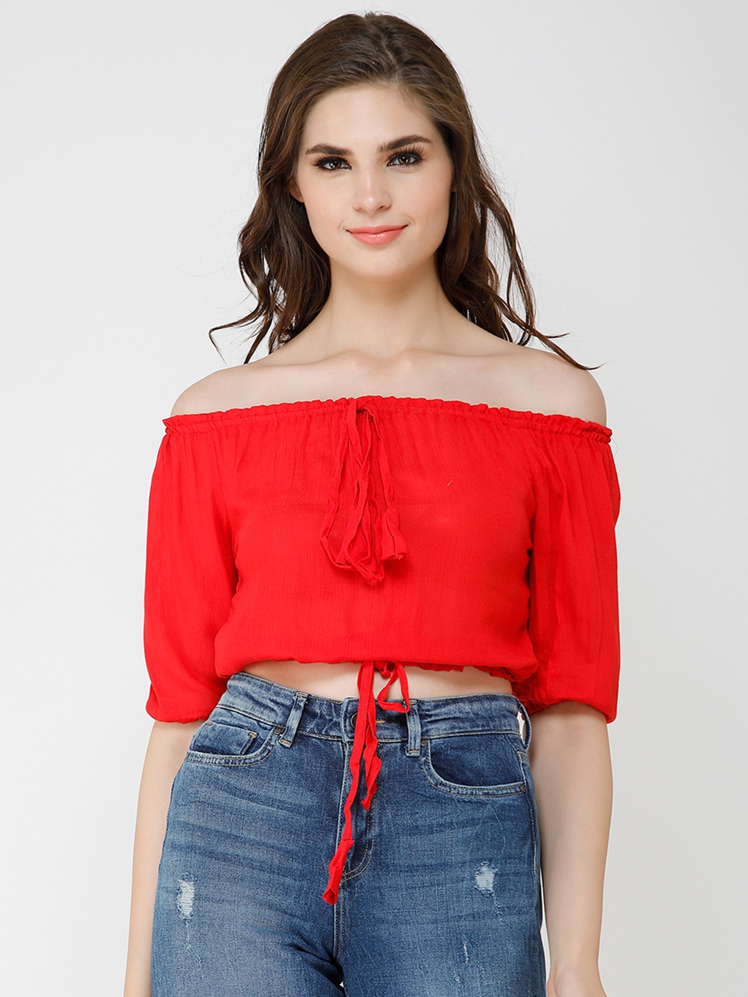 

Cation Women Red Solid Bardot Crop Top