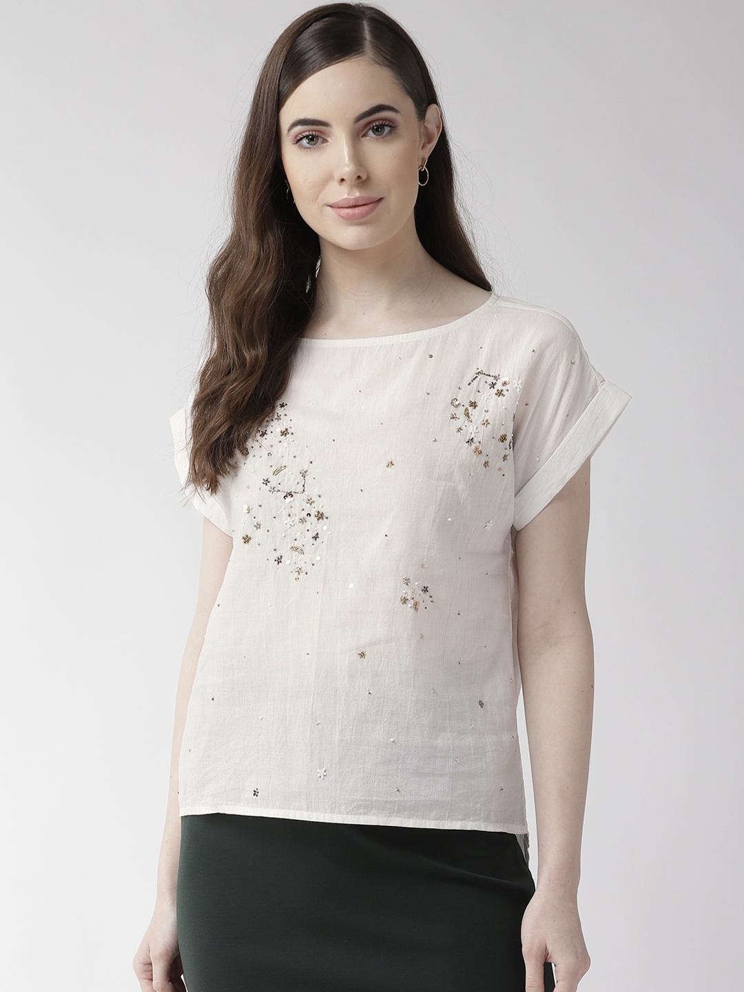 

SCOUP Women White Embellished High-Low Semi-Sheer Pure Cotton Top