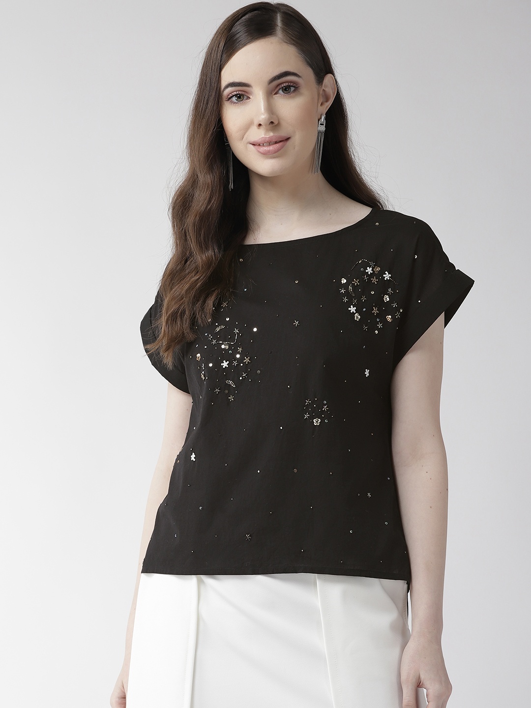 

SCOUP Women Black Embellished High-Low Top