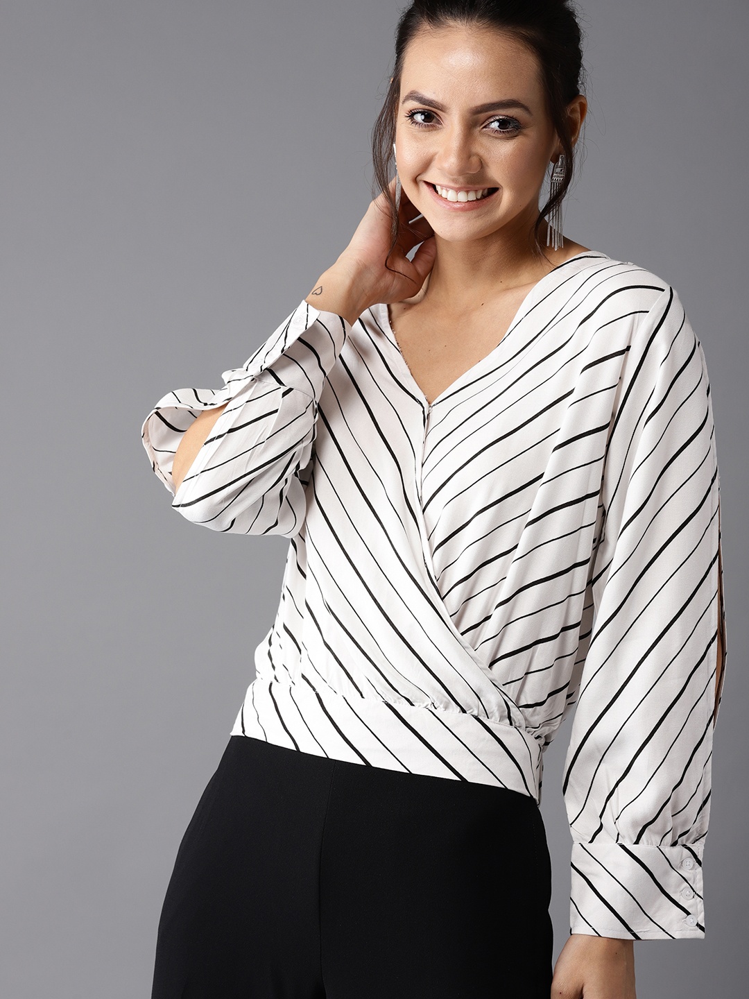

HERE&NOW Women White & Black Striped Wrap Top