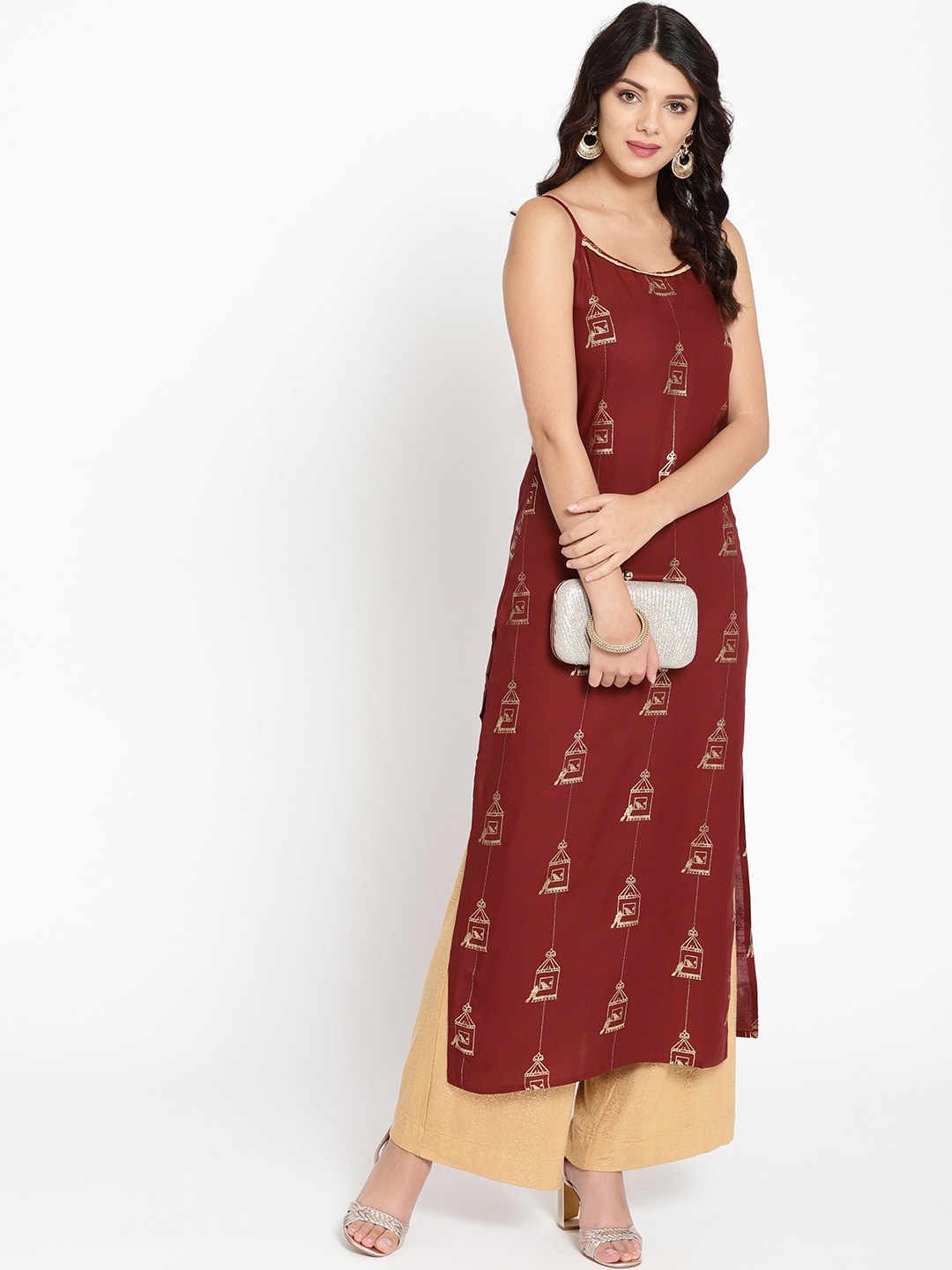

HERE&NOW Women Maroon & Golden Quirky Print Straight Kurta