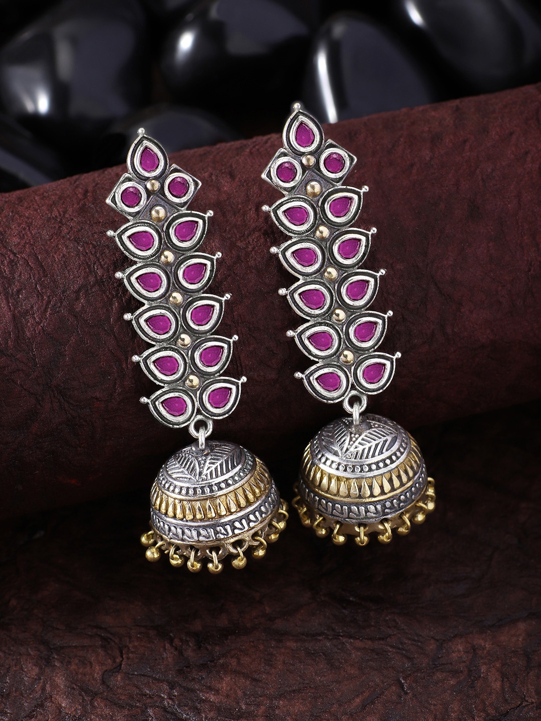 

Peora Silver-Toned & Red Dome Shaped Jhumkas