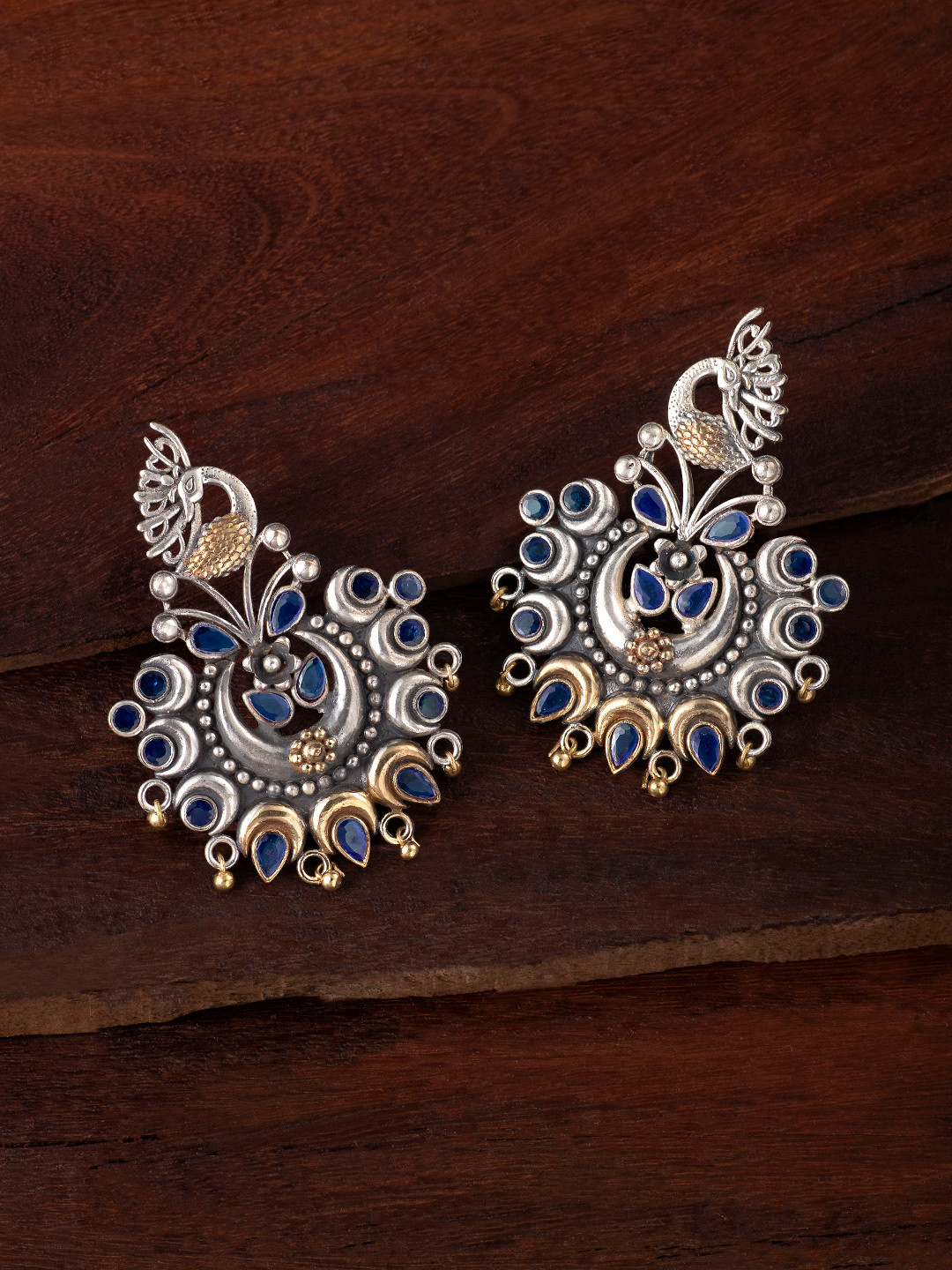 

Peora Oxidised Silver-Plated & Blue Peacock Shaped Stone Studded Drop Earrings