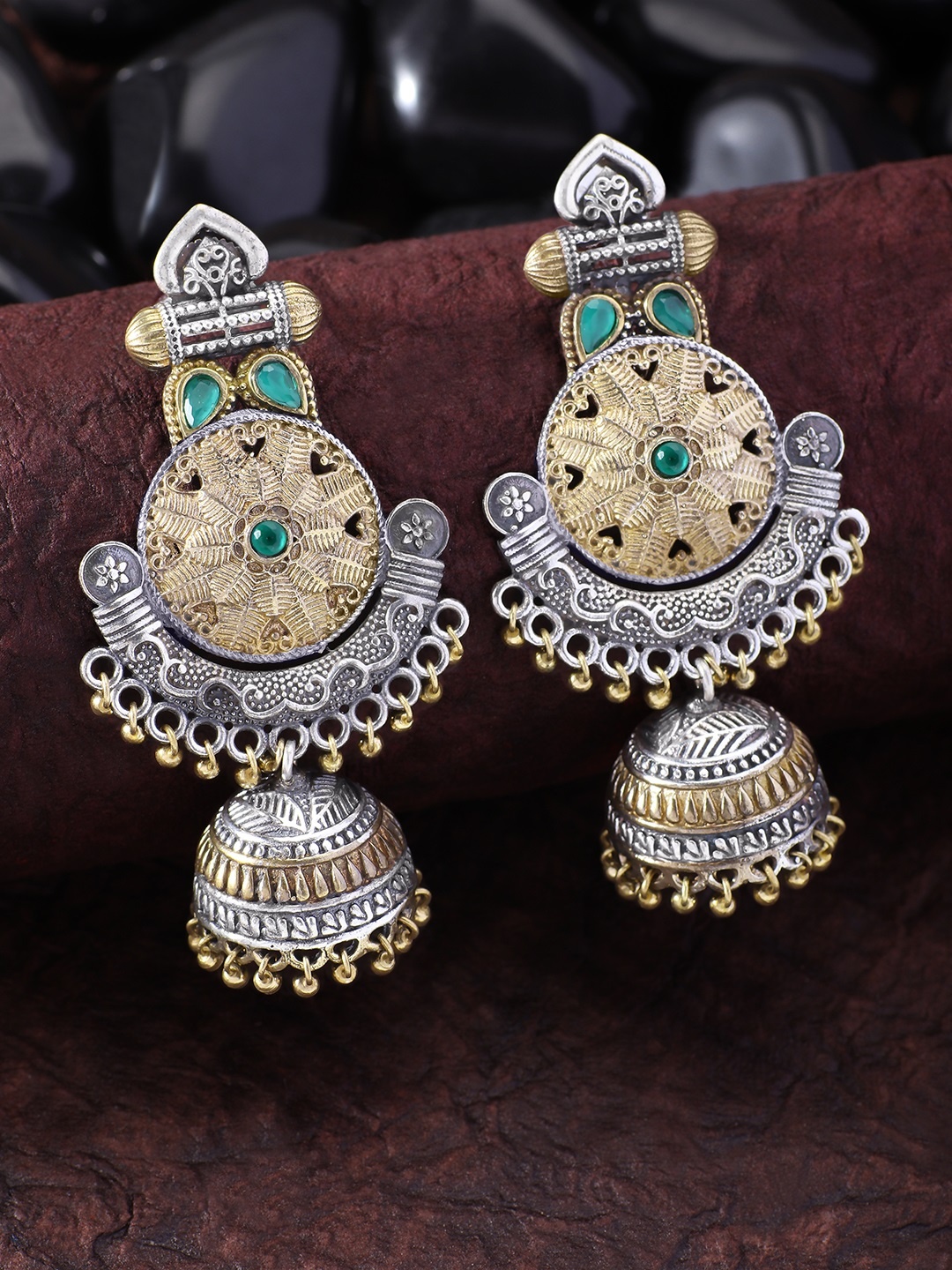 

Peora Silver-Toned & Gold-Toned Dome Shaped Jhumkas