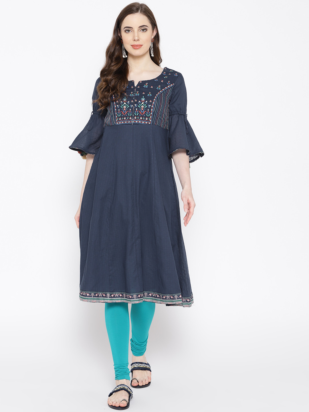 

Biba Women Navy Blue Yoke Design A-Line Kurta