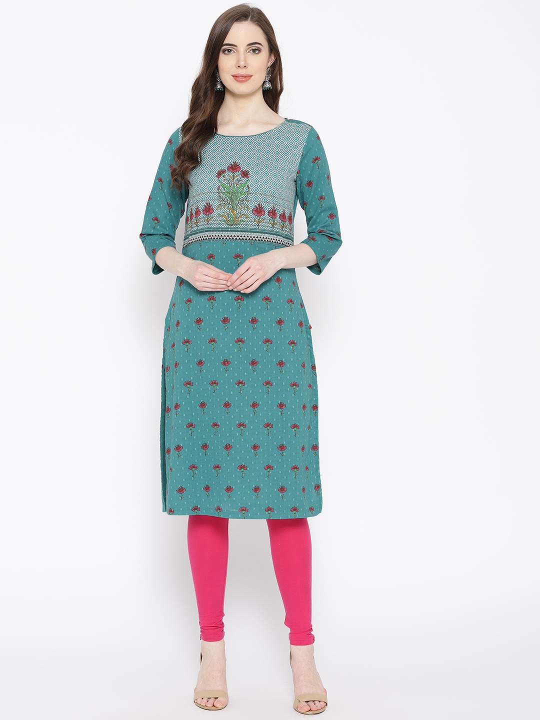 

Biba Women Green & Pink Floral Printed Straight Kurta