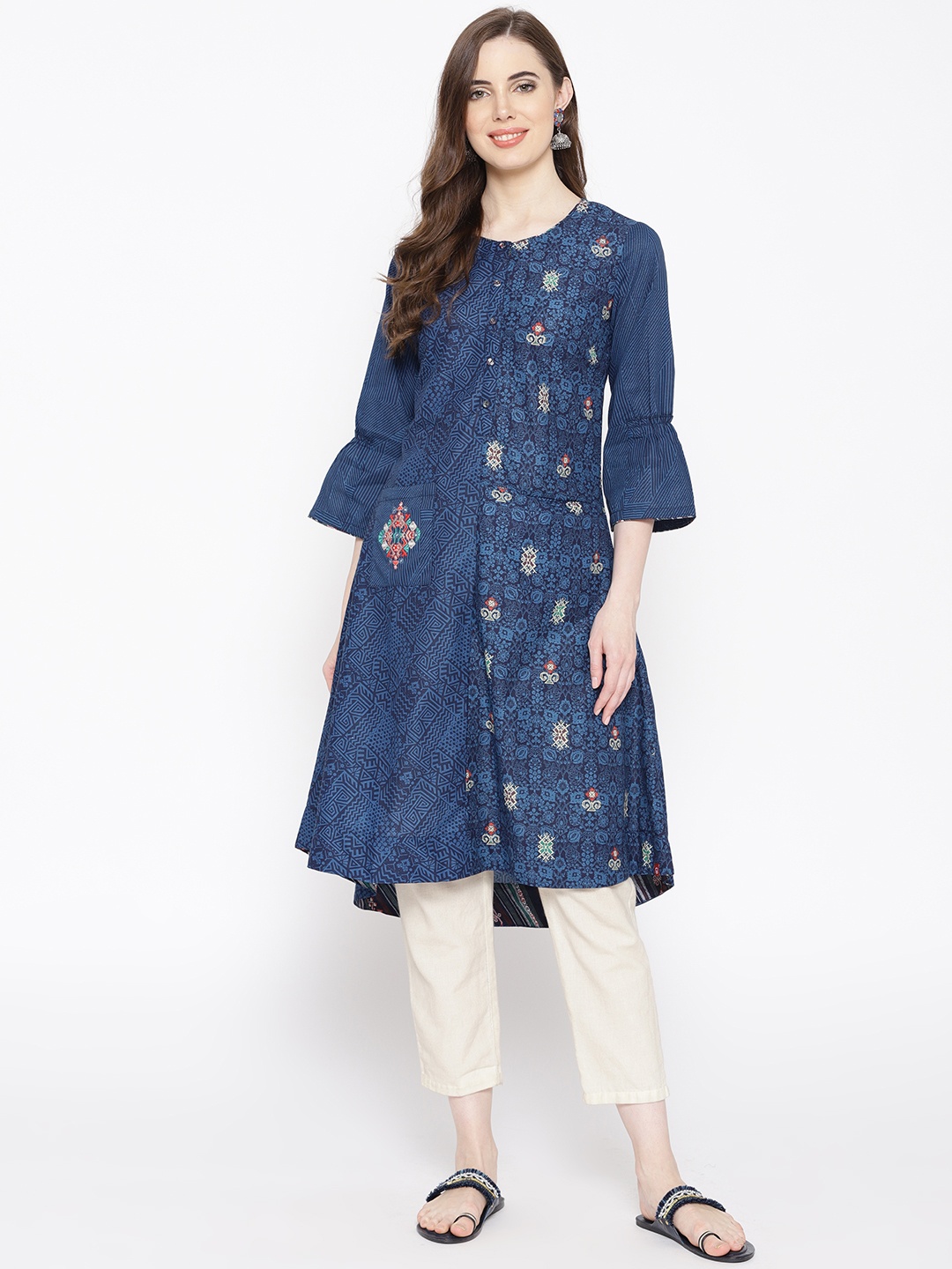 

Biba Women Navy Blue & Off-White Printed A-Line Kurta