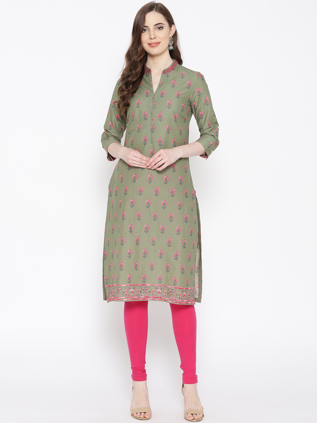 

Biba Women Olive Green & Pink Printed Straight Kurta
