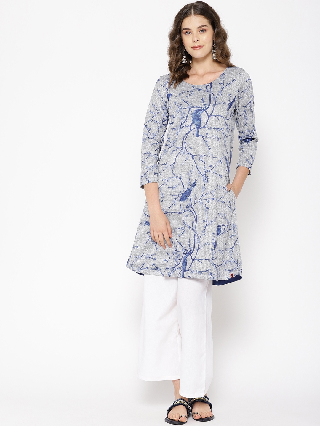 

Biba Women Grey & Blue Quirky Print A-Line Kurta