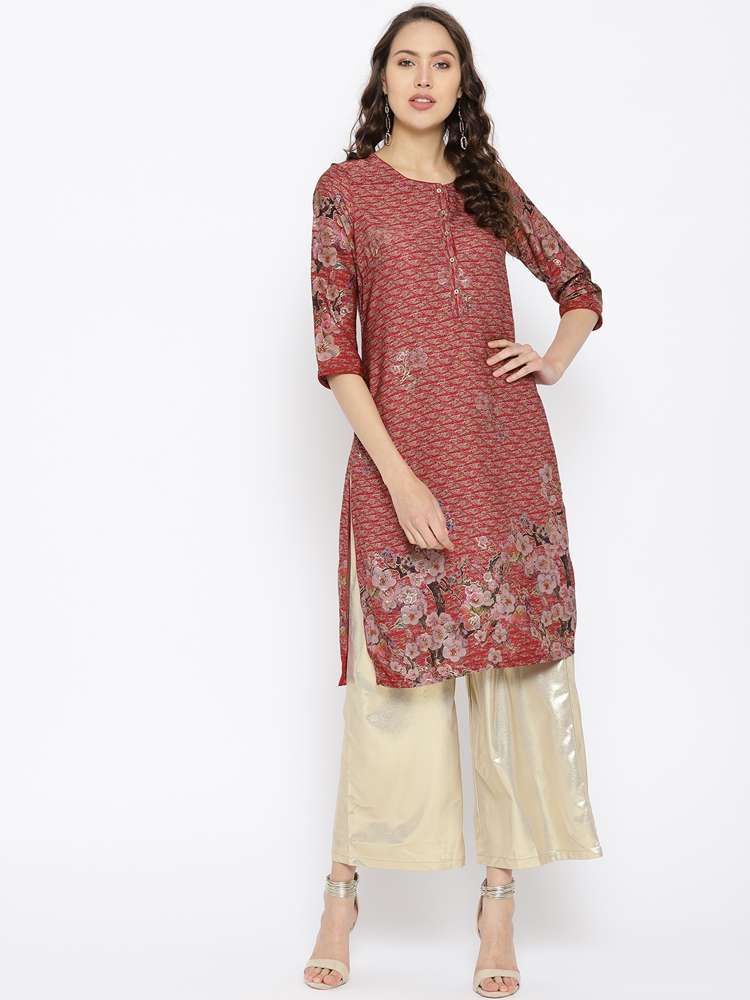 

Biba Women Maroon & Mauve Floral Printed Straight Kurta