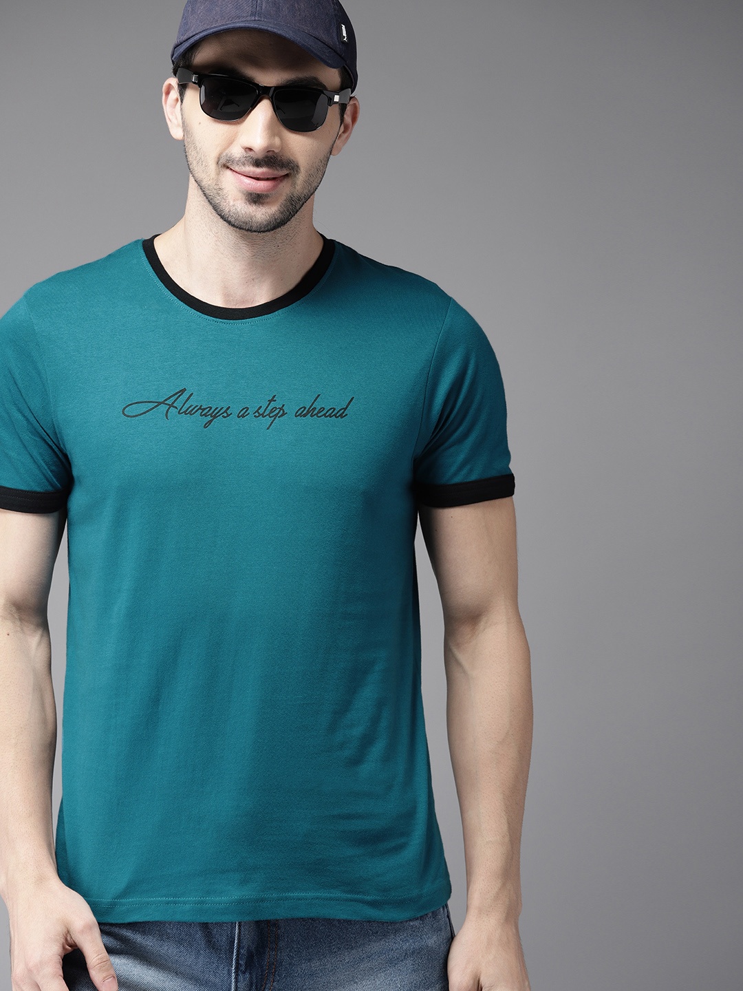 

HERENOW Men Teal Blue Solid Round Neck Pure Cotton T-shirt