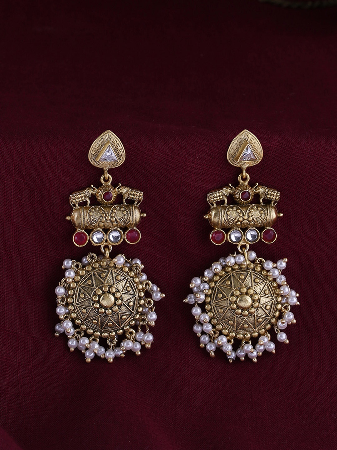 

Shoshaa Women Gold-Plated Kundan Studded Circular Drop Earrings