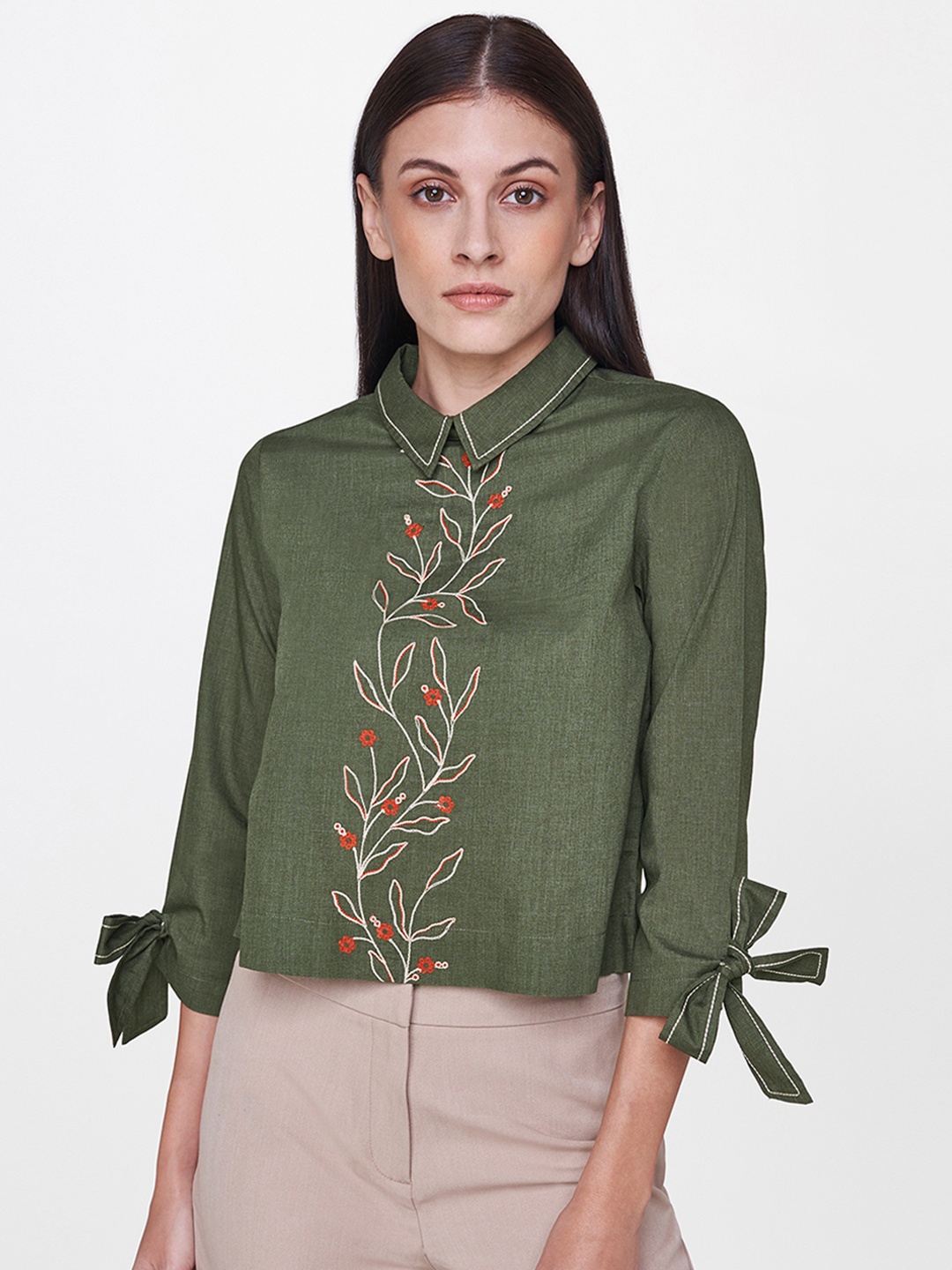 

AND Women Olive Green Embroidered Pure Cotton Top with Tie-Up Cuffs