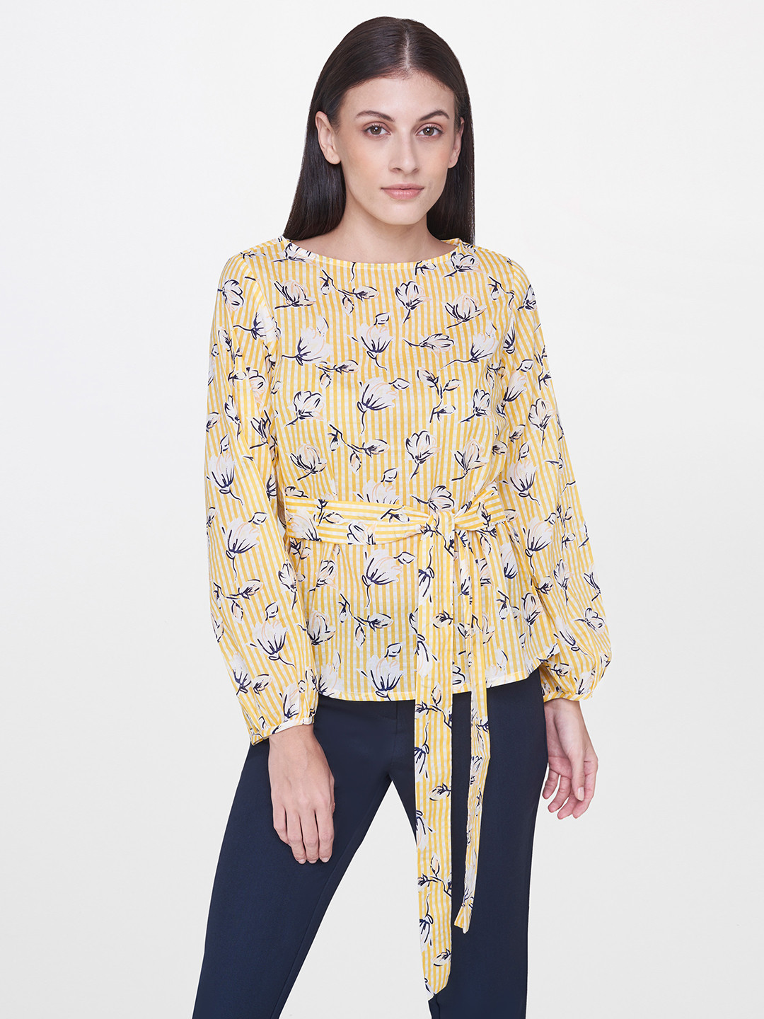

AND Women Yellow & White Printed Regular Pure Cotton Top