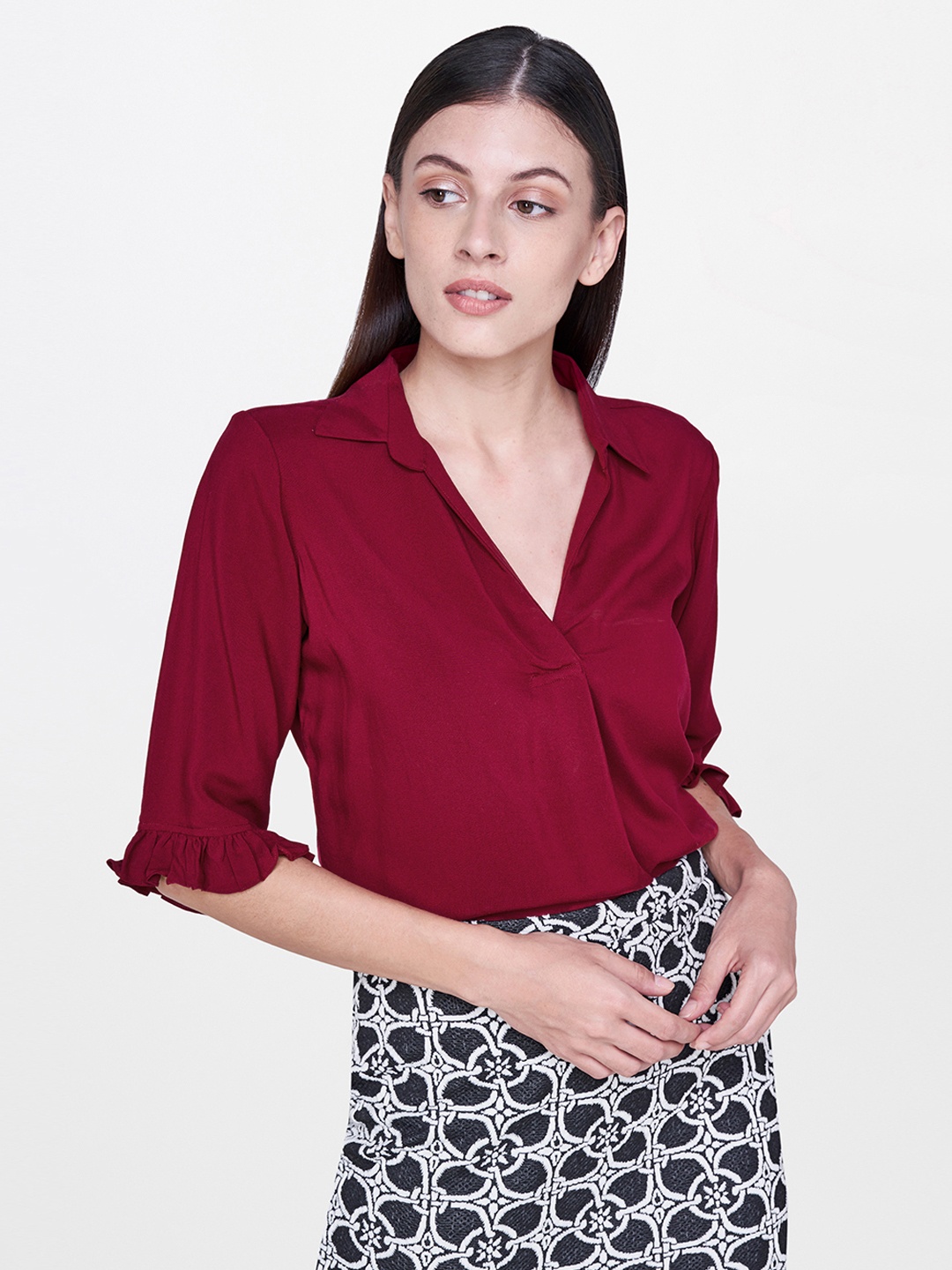 

AND Women Burgundy Solid Shirt Style Top