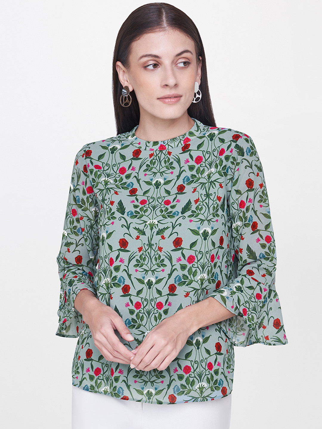 

AND Women Green Floral Print Top