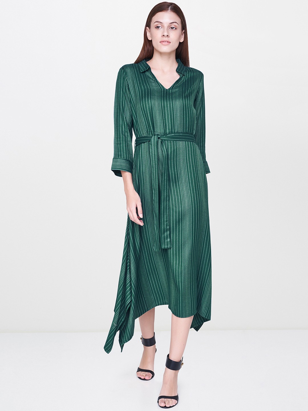 

AND Women Green Striped A-Line Dress