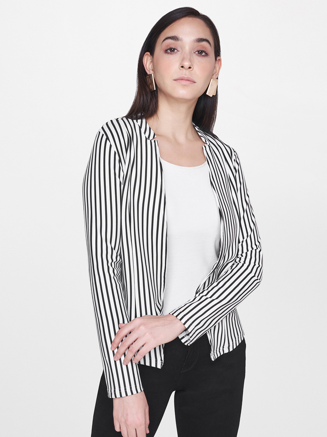 

AND Women White & Black Striped Tailored Jacket