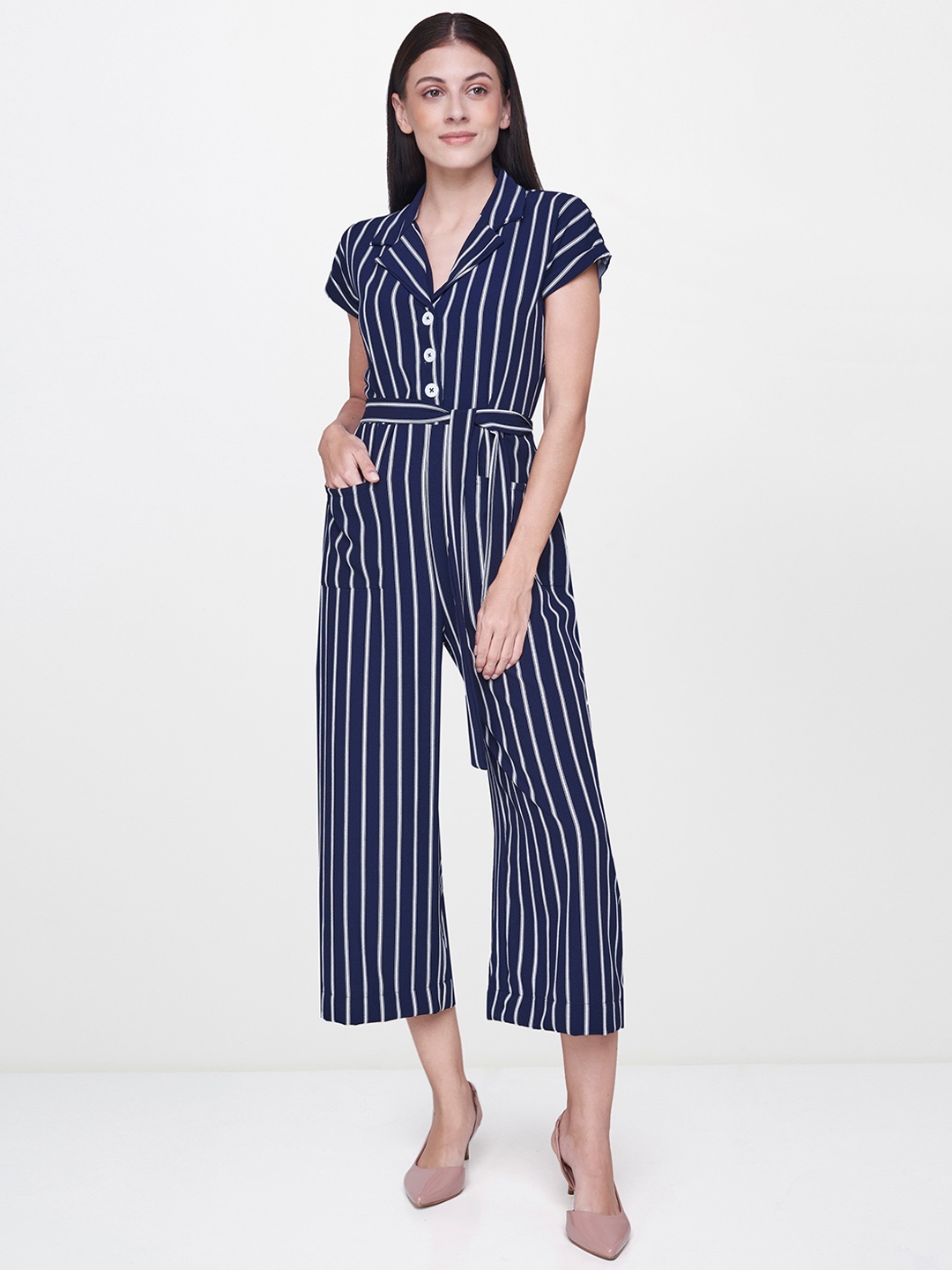 

AND Navy & White Striped Culotte Jumpsuit, Navy blue