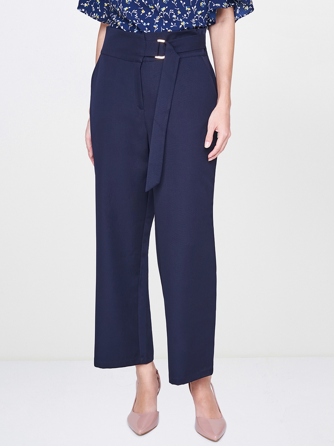 

AND Women Navy Blue Regular Fit Solid Trousers