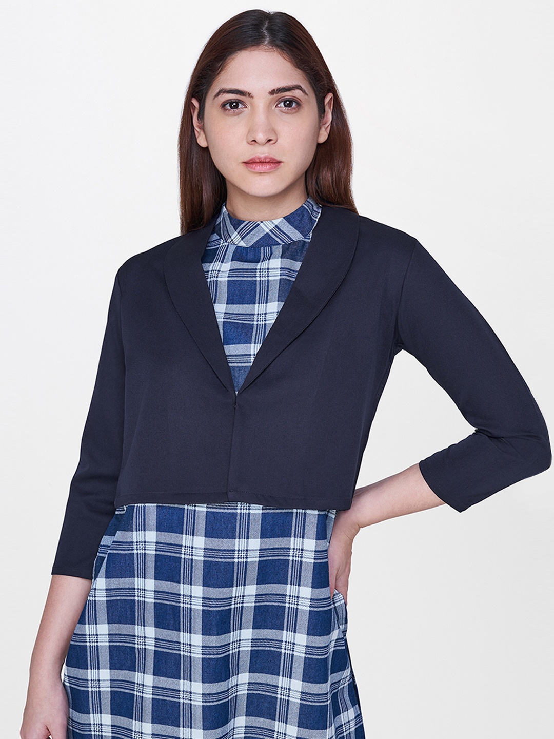 

AND Women Navy Blue Solid Jacket