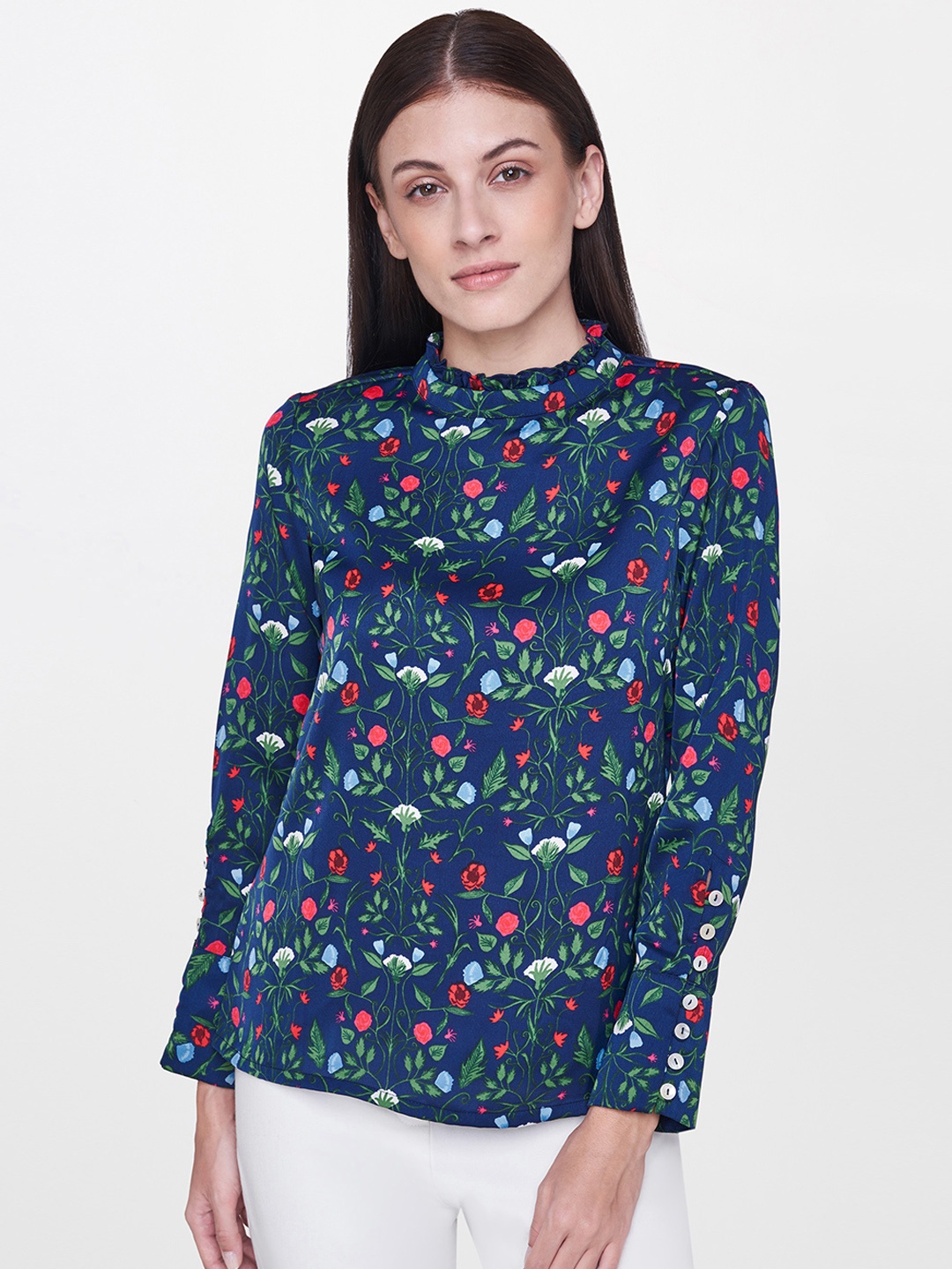 

AND Women Navy Blue & Green Printed Top