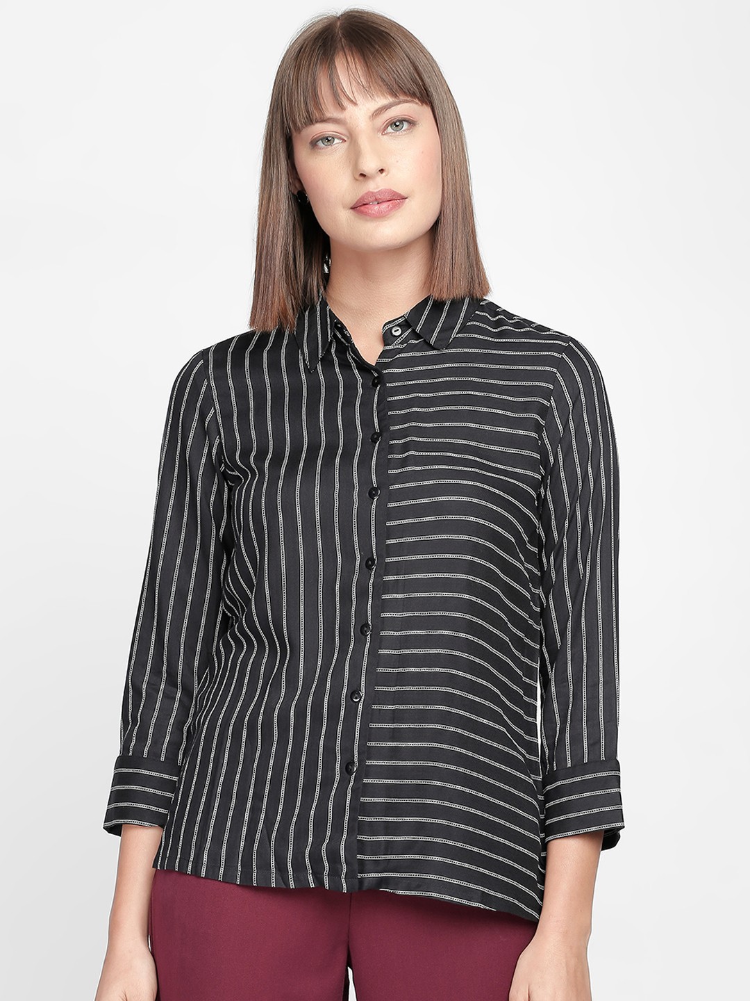

AND Women Black & White Regular Fit Striped Casual Shirt