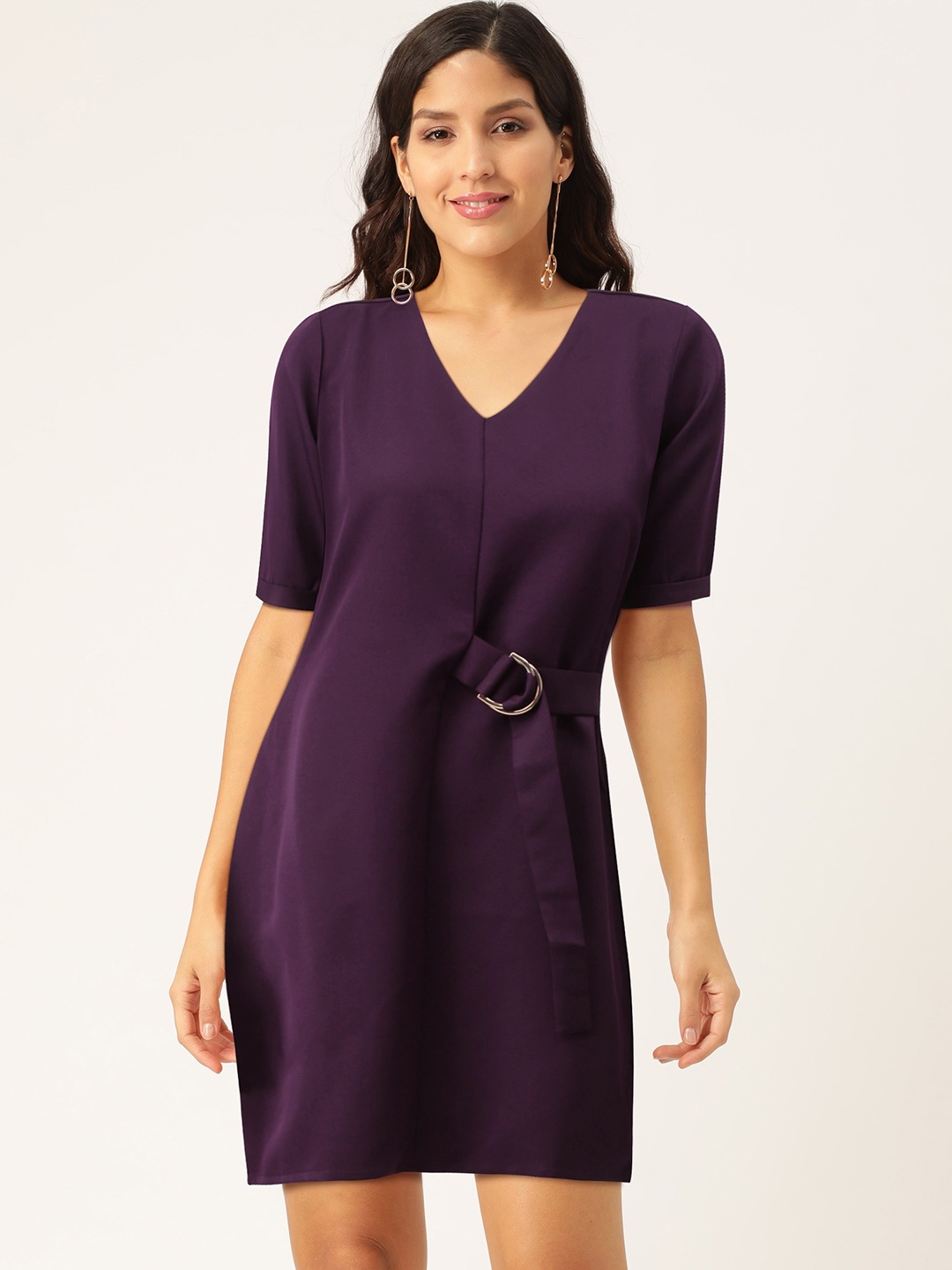 

AND Women Aubergine Solid A-Line Belted Dress, Purple