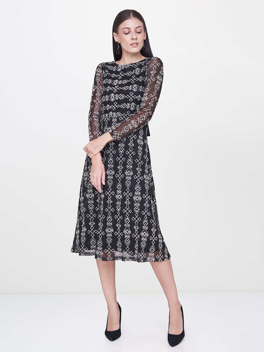 

AND Women Black & White Self-Design A-line Dress